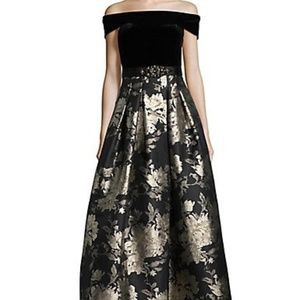 Eliza J Off-The-Shoulder Jacquard Gown  Black-Gold